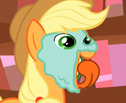 Size: 864x706 | Tagged: safe, screencap, applejack, earth pony, pony, look before you sleep, animation error, cropped, cucumber, eating, faic, female, mare, mud mask, solo, tongue out, wat