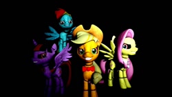 Size: 1024x576 | Tagged: safe, derpibooru import, applejack, fluttershy, rainbow dash, twilight sparkle, twilight sparkle (alicorn), alicorn, earth pony, pegasus, pony, 3d, applefreddy, creepy, female, five nights at aj's, five nights at freddy's, flutterchica, gmod, mare, solo, twibon