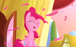 Size: 1920x1180 | Tagged: safe, artist:january3rd, pinkie pie, earth pony, pony, pinkie pride, balcony, beautiful, crying, flower petals, heartwarming, petals, scene interpretation, singing, solo, tears of joy, windswept mane