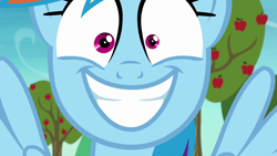 Size: 1920x1080 | Tagged: safe, derpibooru import, screencap, rainbow dash, pegasus, pony, grannies gone wild, apple tree, faic, grin, mismatched eyes, rainbow dash is best facemaker, rapeface, smiling, solo, tree