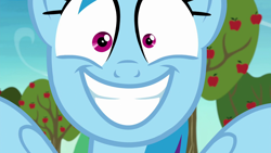 Size: 1920x1080 | Tagged: safe, derpibooru import, screencap, rainbow dash, pegasus, pony, grannies gone wild, apple tree, faic, grin, mismatched eyes, rainbow dash is best facemaker, rapeface, smiling, solo, tree