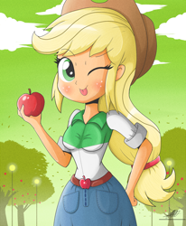 Size: 1784x2162 | Tagged: safe, artist:the-butch-x, applejack, equestria girls, apple, belt, belt buckle, blushing, clothes, cowboy hat, cowgirl, denim skirt, food, hand on hip, hat, obligatory apple, skirt, solo, stetson, wink