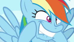 Size: 1920x1080 | Tagged: safe, derpibooru import, screencap, rainbow dash, pegasus, pony, grannies gone wild, faic, lip bite, mismatched eyes, rainbow dash is best facemaker, solo