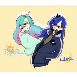 Size: 700x700 | Tagged: safe, artist:shunji, princess celestia, princess luna, human, casual, headphones, humanized, pixiv