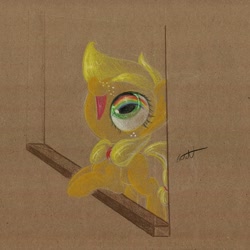 Size: 820x820 | Tagged: safe, artist:getchanoodlewet, applejack, earth pony, pony, filly, solo, traditional art