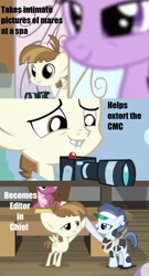 Size: 841x1560 | Tagged: safe, derpibooru import, edit, edited screencap, screencap, cheerilee, featherweight, shady daze, twilight sparkle, ponyville confidential, camera, comic, high five, hoofbump, screencap comic, splotcher, text