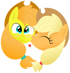 Size: 845x876 | Tagged: safe, artist:giantsquidie, applejack, oc, oc:apple juice, earth pony, pony, canon x oc, heart, kissing, shipping