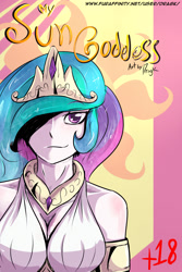 Size: 1500x2250 | Tagged: safe, artist:dragk, princess celestia, human, breasts, cleavage, cover, female, hair over one eye, humanized, solo