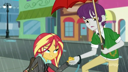 Size: 1366x768 | Tagged: safe, screencap, indigo wreath, sunset shimmer, eqg summertime shorts, equestria girls, monday blues, background human, canterlot city, clothes, hoodie, umbrella, wet hair