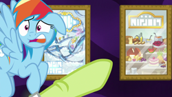 Size: 1920x1080 | Tagged: safe, derpibooru import, screencap, granny smith, rainbow dash, pegasus, pony, grannies gone wild, buffet, bust, disappointed, granny smith choosing poster, meme origin, pointing, portrait