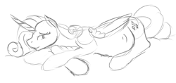 Size: 1317x620 | Tagged: safe, artist:patch, rarity, alicorn, pony, belly, kicking, lidded eyes, looking back, monochrome, pregnant, prone, race swap, raricorn, sketch, smiling, solo