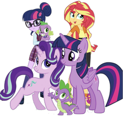 Size: 1581x1492 | Tagged: safe, editor:php77, sci-twi, spike, spike the regular dog, starlight glimmer, sunset shimmer, twilight sparkle, twilight sparkle (alicorn), alicorn, dog, equestria girls, doggy dragondox, simple background, transparent background, twolight