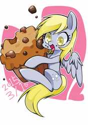 Size: 1024x1466 | Tagged: safe, artist:katuhira_rinmi, derpy hooves, pegasus, pony, female, heart, mare, muffin, solo, that pony sure does love muffins, tongue out