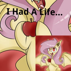 Size: 1600x1600 | Tagged: safe, artist:bloodyhellhayden, edit, fluttershy, bat pony, pony, bats!, apple, flutterbat, race swap, solo