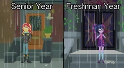 Size: 2048x1133 | Tagged: safe, edit, edited screencap, screencap, sci-twi, sunset shimmer, twilight sparkle, eqg summertime shorts, equestria girls, monday blues, college, education, freshman, meme, relatable, student, sunset's apartment