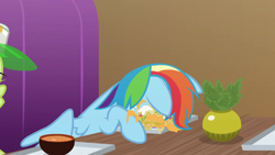 Size: 1920x1080 | Tagged: safe, derpibooru import, screencap, rainbow dash, pegasus, pony, grannies gone wild, chips, faceplant, floppy ears, food, nachos, soup