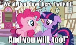 Size: 572x338 | Tagged: safe, derpibooru import, pinkie pie, twilight sparkle, earth pony, pony, image macro, it, mailbox, pennywise, pinkie being pinkie, pinkie physics, stephen king