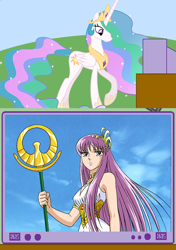 Size: 564x800 | Tagged: safe, princess celestia, alicorn, pony, athena, exploitable meme, meme, obligatory pony, saint seiya, saori kido, tv meme