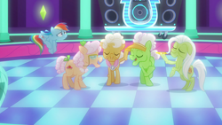 Size: 1920x1080 | Tagged: safe, derpibooru import, screencap, apple rose, auntie applesauce, goldie delicious, granny smith, rainbow dash, earth pony, pegasus, pony, grannies gone wild, dance club, elderly, female, gold horseshoe gals, loose hair, mare