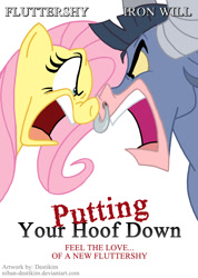 Size: 801x1126 | Tagged: safe, artist:niban-destikim, fluttershy, iron will, pegasus, pony, putting your hoof down, anger management, angry, movie poster, parody