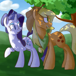 Size: 700x700 | Tagged: safe, artist:goat train, applejack, rarity, earth pony, pony, unicorn, bandana, cowboy hat, dappled sunlight, duo, female, hat, looking back, mare, older, slice of pony life, tree