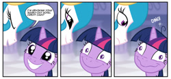 Size: 1200x558 | Tagged: safe, artist:mister-saugrenu, edit, princess celestia, twilight sparkle, alicorn, pony, comic, exploitable meme, hapless twilight, meme, twilight snapple