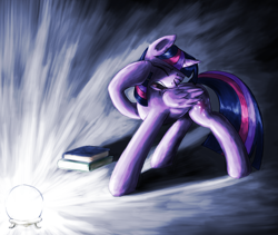 Size: 1404x1183 | Tagged: safe, artist:otakuap, artist:scarletvye, derpibooru import, twilight sparkle, twilight sparkle (alicorn), alicorn, pony, blinded, book, crystal ball, female, mare, solo