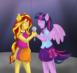 Size: 1400x1327 | Tagged: safe, artist:pewycert, sunset shimmer, twilight sparkle, twilight sparkle (alicorn), alicorn, equestria girls, rainbow rocks, blushing, female, lesbian, looking at each other, ponied up, shipping, smiling, sunsetsparkle