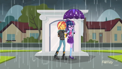 Size: 1920x1080 | Tagged: safe, screencap, sci-twi, sunset shimmer, twilight sparkle, eqg summertime shorts, equestria girls, monday blues, discovery family logo, rain, shipping fuel, umbrella