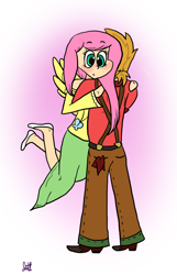 Size: 1582x2458 | Tagged: safe, artist:varietychick, big macintosh, fluttershy, human, blushing, clothes, female, fluttermac, hug, humanized, light skin, male, shipping, skirt, straight, winged humanization