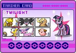 Size: 246x172 | Tagged: safe, artist:seaandsunshine, derpibooru import, twilight sparkle, abra, cleffa, espeon, girafarig, gothitelle, noctowl, pokémon, trainer card, twiface