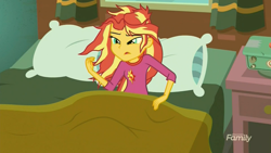 Size: 1366x768 | Tagged: safe, screencap, sunset shimmer, eqg summertime shorts, equestria girls, monday blues, bed, clothes, discovery family logo, pajamas, pillow, solo, sunset's apartment