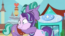 Size: 1658x920 | Tagged: safe, screencap, firelight, starlight glimmer, pony, unicorn, the parent map, choking, duo, eyes closed, father and child, father and daughter, female, male, mare, parent and child, puffy cheeks, scrunchy face, stallion