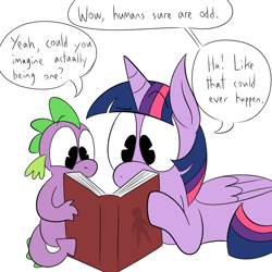 Size: 700x700 | Tagged: safe, artist:karpet-shark, derpibooru import, spike, twilight sparkle, twilight sparkle (alicorn), alicorn, dragon, pony, book, dialogue, female, mare, reading, tempting fate, twily-daily