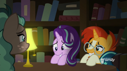 Size: 1920x1080 | Tagged: safe, screencap, minty mocha, starlight glimmer, sunburst, pony, unicorn, the parent map, book, bookshelf, discovery family logo, female, lamp, male, mare, sheepish grin, stallion