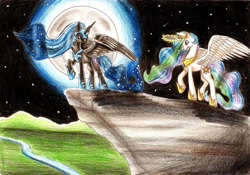 Size: 3493x2440 | Tagged: safe, artist:emilieart123, nightmare moon, princess celestia, alicorn, pony, crown, female, horn, jewelry, mare, regalia, siblings, sisters, traditional art