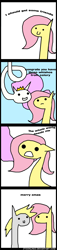 Size: 576x2536 | Tagged: safe, artist:zsparkonequus, derpy hooves, fluttershy, princess celestia, alicorn, pegasus, pony, 4koma, :d, are you frustrated?, c:, comic, d:, eye contact, female, long neck, looking at each other, mare, meme, nonsense, open mouth, princess celery, simple background, smiling, style emulation, text, wat, white background, wollap style