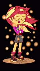 Size: 1440x2560 | Tagged: safe, artist:psychodiamondstar, sunset shimmer, equestria girls, legend of everfree, black background, clothes, embrace the magic, eyes closed, female, simple background, singing, solo
