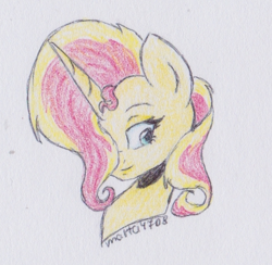 Size: 544x532 | Tagged: safe, artist:marta4708, sunset shimmer, pony, unicorn, bust, female, hair over one eye, mare, portrait, solo, traditional art