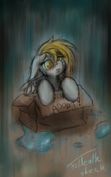 Size: 1207x1920 | Tagged: safe, artist:foldeath, derpy hooves, pegasus, pony, adoption, box, crying, female, homeless, mare, pony in a box, rain, sad, solo