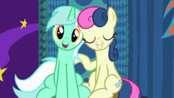 Size: 800x450 | Tagged: safe, derpibooru import, screencap, bon bon, lyra heartstrings, rainbow dash, sweetie drops, earth pony, pegasus, pony, unicorn, grannies gone wild, adorabon, animated, best friends, cute, dashabetes, female, grin, head tilt, looking at you, lyrabetes, mare, open mouth, photobomb, raised hoof, shipping fuel, sitting, smiling, squee