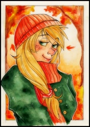 Size: 1754x2465 | Tagged: safe, artist:killa7, applejack, human, autumn, clothes, hat, humanized, scarf, solo, traditional art