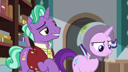 Size: 1920x1080 | Tagged: safe, screencap, firelight, starlight glimmer, pony, the parent map, babying, blanket, discovery family logo, duo, father and child, father and daughter, female, headscarf, irritated, male, mare, parent and child, scarf, stallion, starlight is not amused, unamused