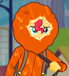 Size: 435x480 | Tagged: safe, edit, edited screencap, screencap, sunset shimmer, eqg summertime shorts, equestria girls, monday blues, clothes, cute, hoodie, kenny mccormick, rain, shimmerbetes, south park, this will end in death