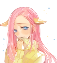 Size: 500x555 | Tagged: safe, artist:geta, fluttershy, human, clothes, eared humanization, extra ear, four ears, humanized, light skin, pixiv, solo, sweater, sweatershy