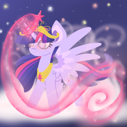 Size: 900x900 | Tagged: safe, artist:otterlore, derpibooru import, twilight sparkle, twilight sparkle (alicorn), alicorn, pony, crown, element of magic, female, magic, mare, necklace, solo, spread wings, stars