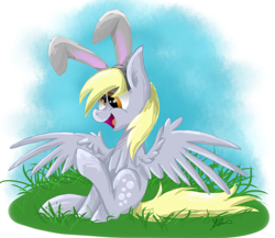 Size: 2400x2084 | Tagged: safe, artist:hilis, derpy hooves, pegasus, pony, bunny ears, easter, easter bunny, featured on derpibooru, female, grass, mare, open mouth, sitting, smiling, solo, spread wings