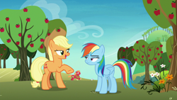 Size: 1280x720 | Tagged: safe, derpibooru import, screencap, applejack, big macintosh, rainbow dash, cat, earth pony, pegasus, pony, grannies gone wild, apple tree, lidded eyes, tree