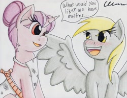 Size: 3274x2519 | Tagged: safe, artist:the1king, derpy hooves, sugar belle, pegasus, pony, the cutie map, female, happy, mare, smiling, speech bubble, this will end in tears, traditional art