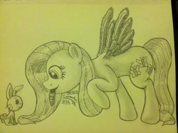 Size: 2592x1936 | Tagged: safe, artist:inurantchan, angel bunny, fluttershy, pegasus, pony, carrot, mouth hold, traditional art